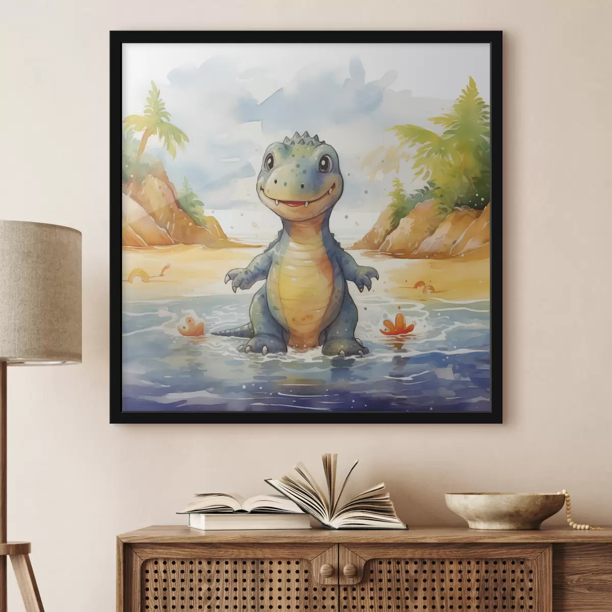 Poster Dinosauro nel fiume sullo sfondo di montagne e felci acquerellate f39930