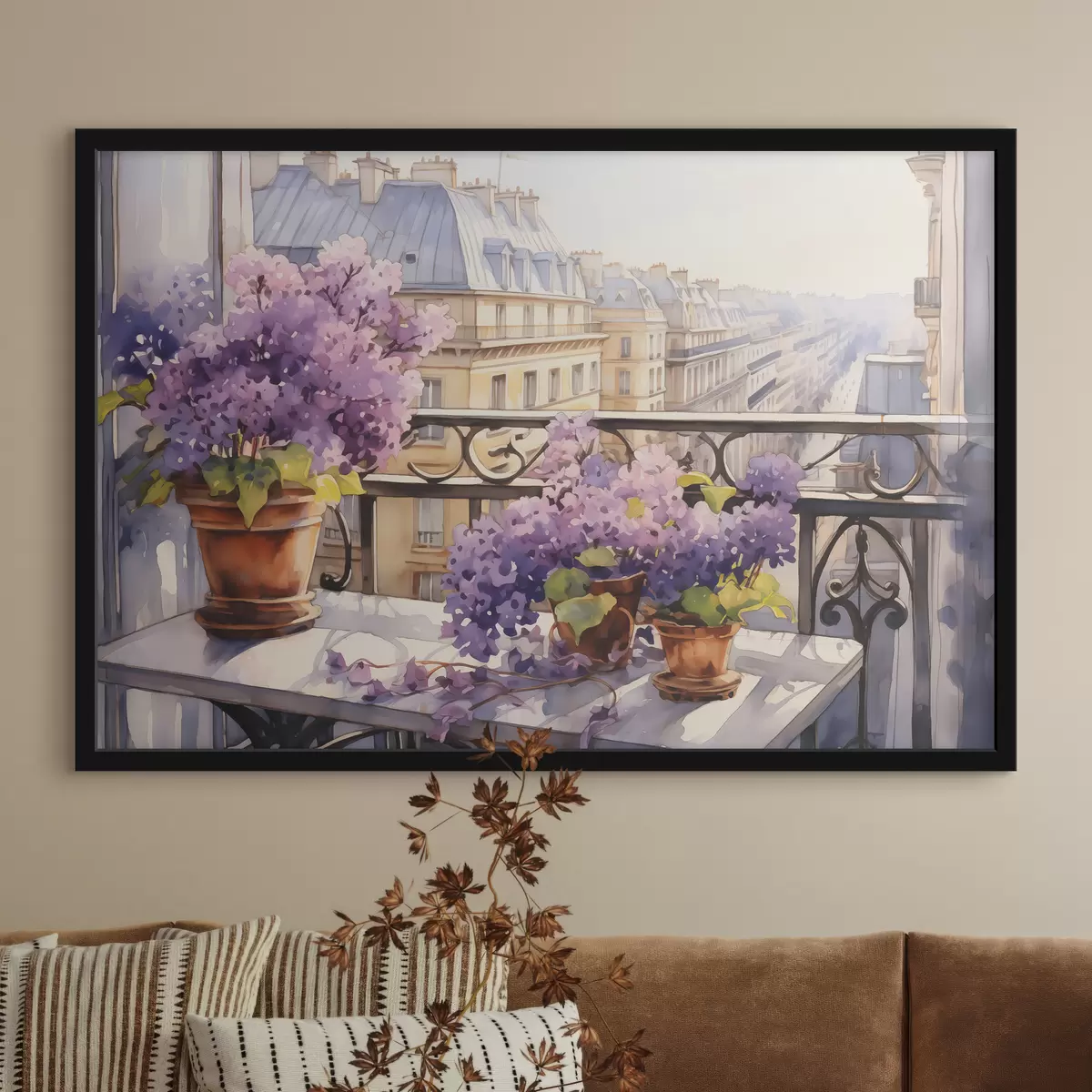 Poster Violette in un vaso su un balcone a Parigi acquerello f39931