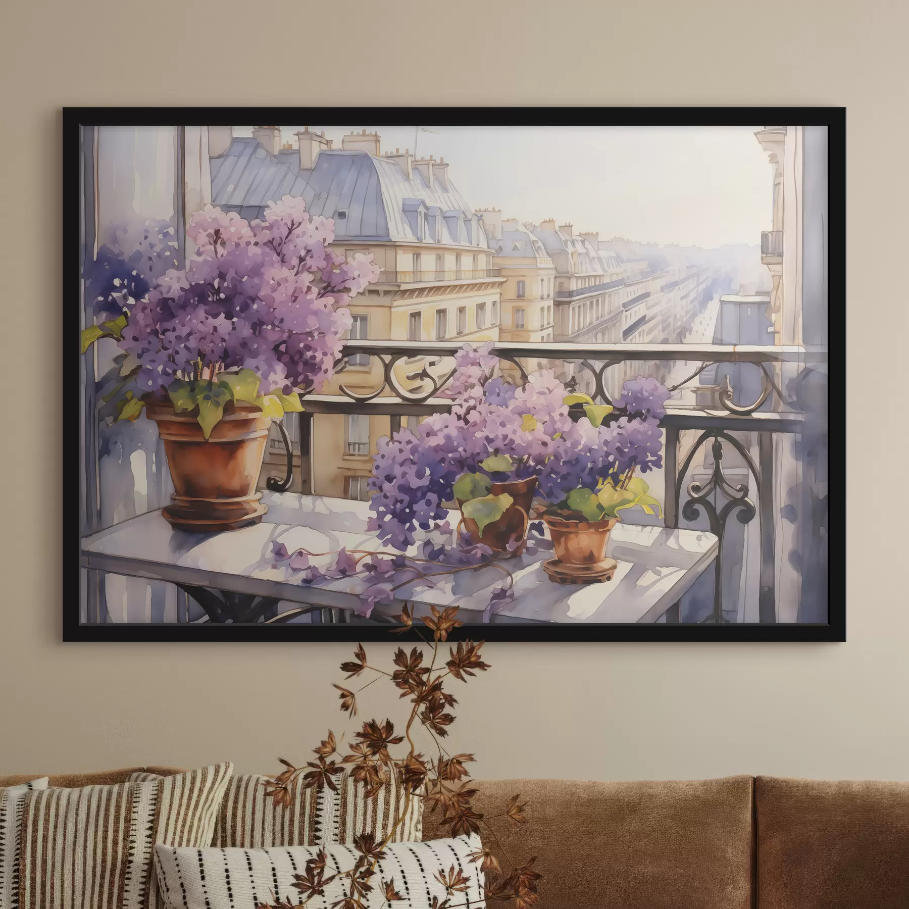 carta da parati Violette in un vaso su un balcone a Parigi acquerello nr. f39931