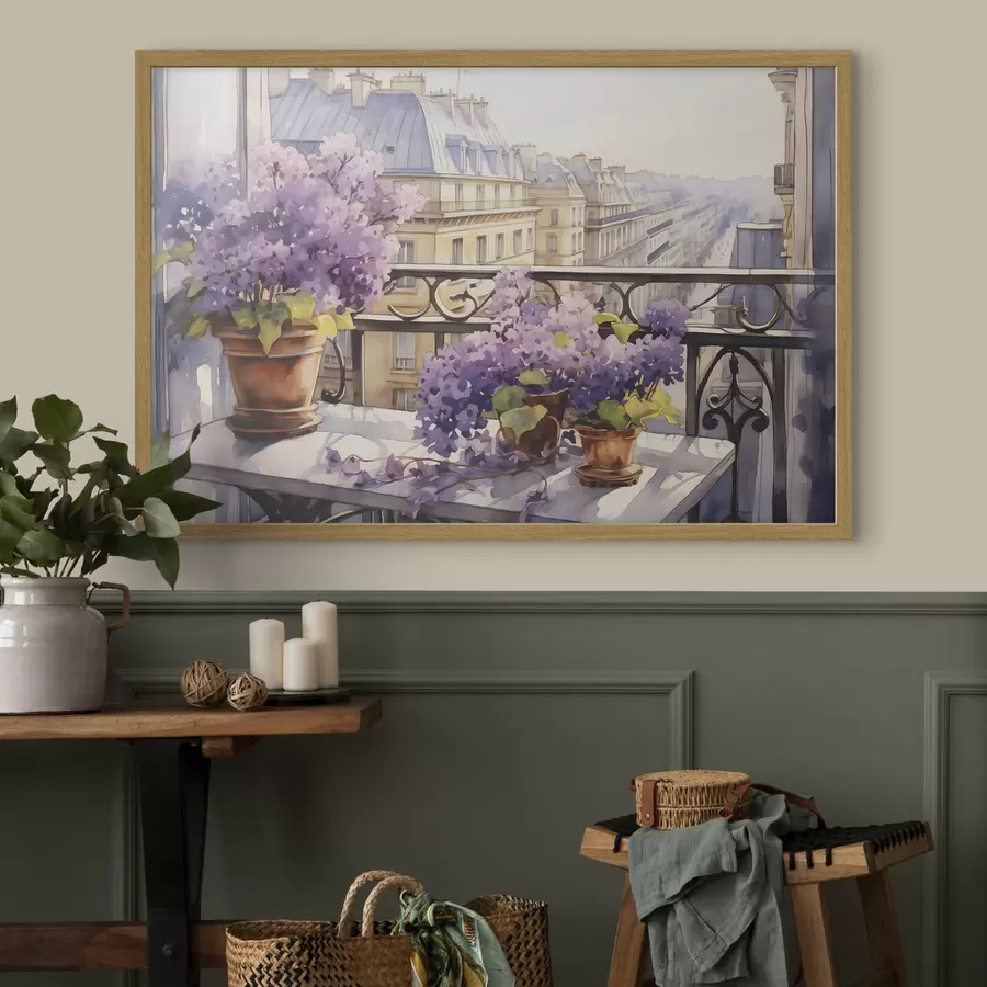 carta da parati Violette in un vaso su un balcone a Parigi acquerello nr. f39931