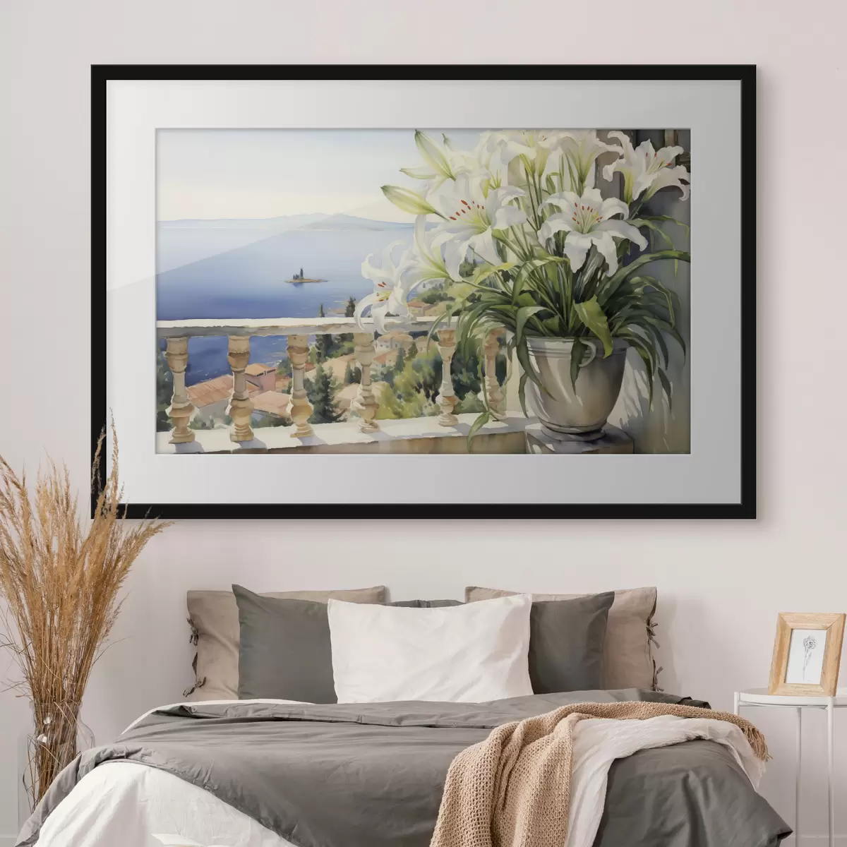 Poster Gigli bianchi in un vaso su un balcone sullo sfondo della baia acquerello f39932