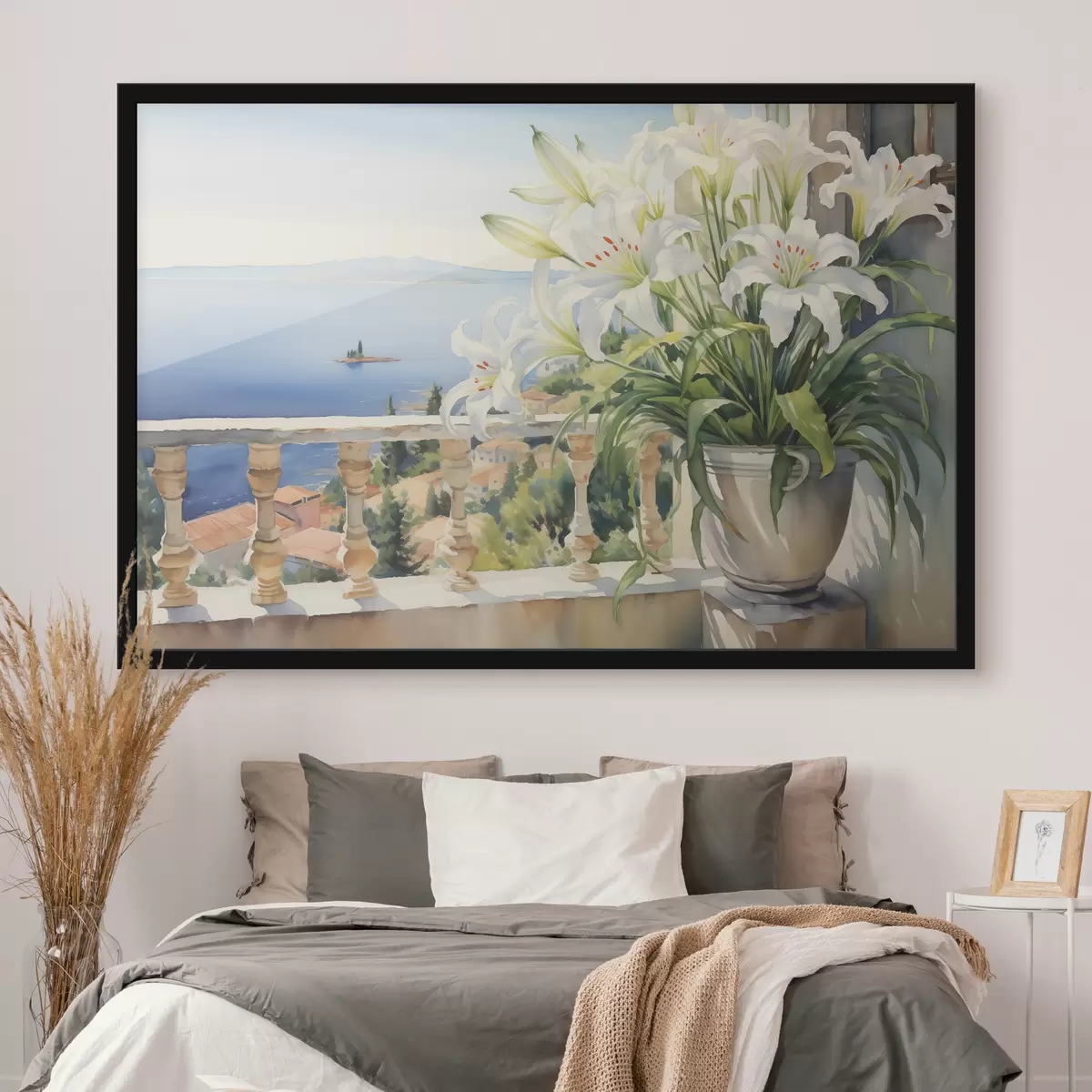 Poster Gigli bianchi in un vaso su un balcone sullo sfondo della baia acquerello f39932