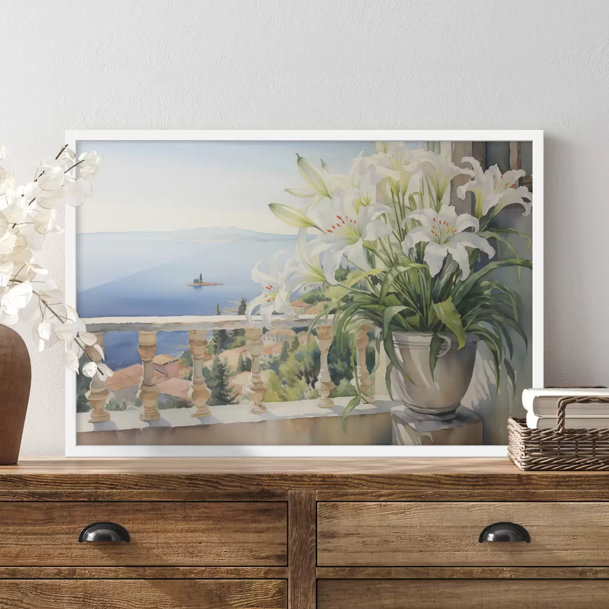 Poster Gigli bianchi in un vaso su un balcone sullo sfondo della baia acquerello f39932