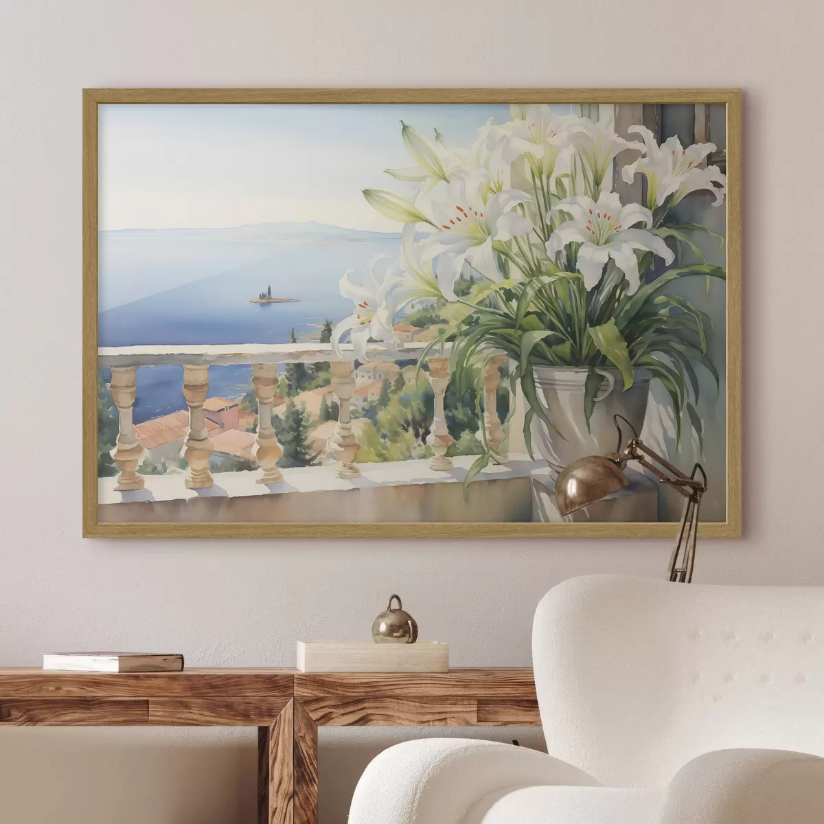 Poster Gigli bianchi in un vaso su un balcone sullo sfondo della baia acquerello f39932
