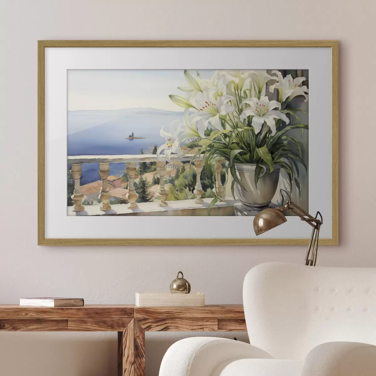 Poster Gigli bianchi in un vaso su un balcone sullo sfondo della baia acquerello f39932