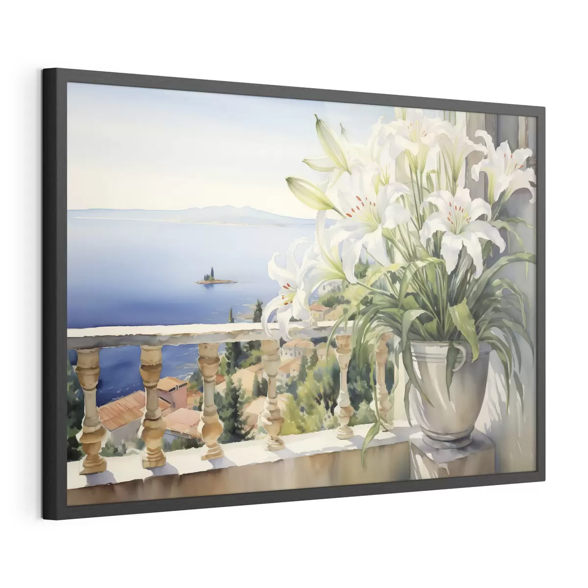 Poster Gigli bianchi in un vaso su un balcone sullo sfondo della baia acquerello f39932