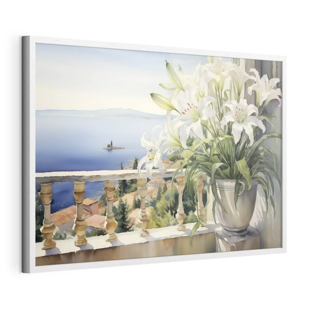 Poster Gigli bianchi in un vaso su un balcone sullo sfondo della baia acquerello f39932