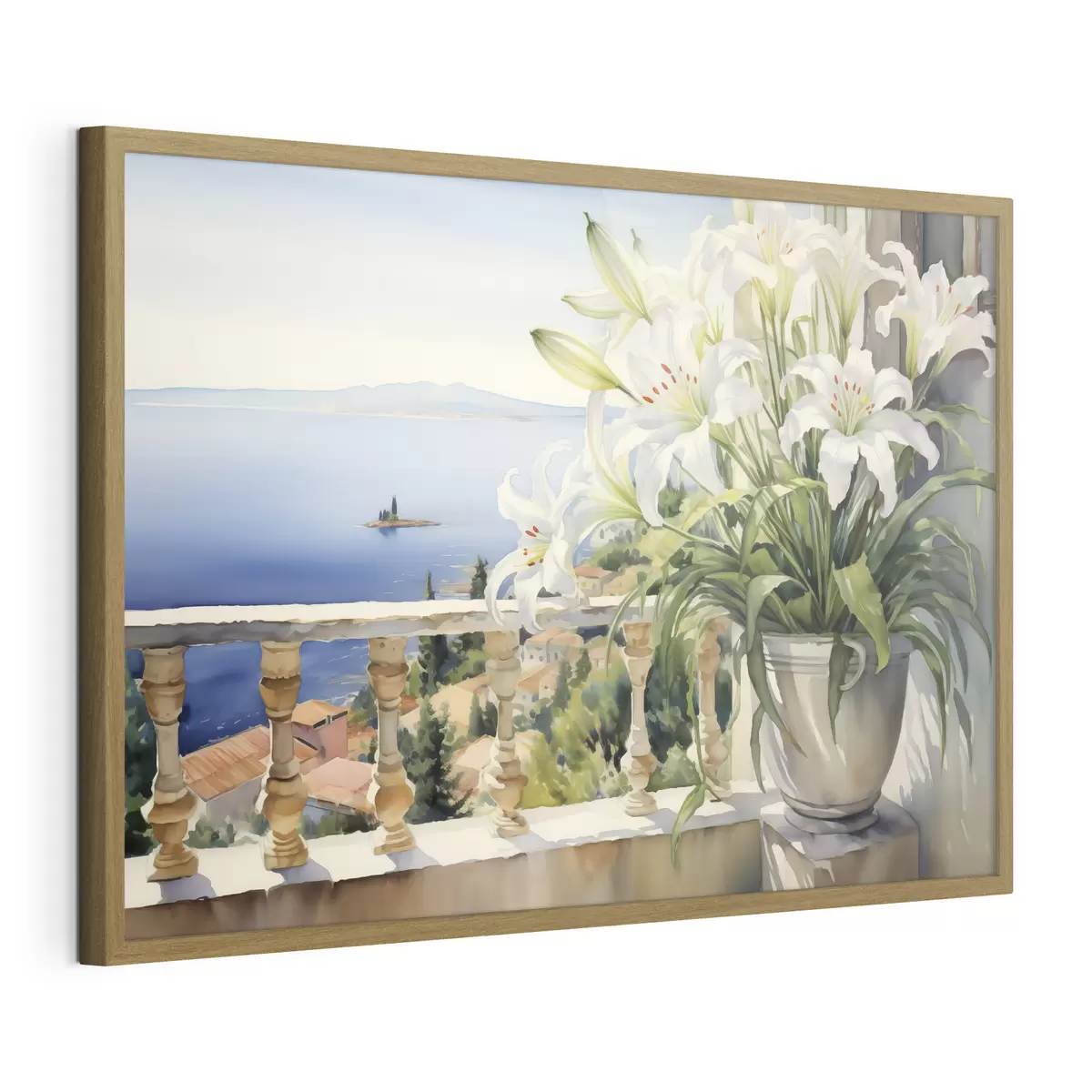 Poster Gigli bianchi in un vaso su un balcone sullo sfondo della baia acquerello f39932
