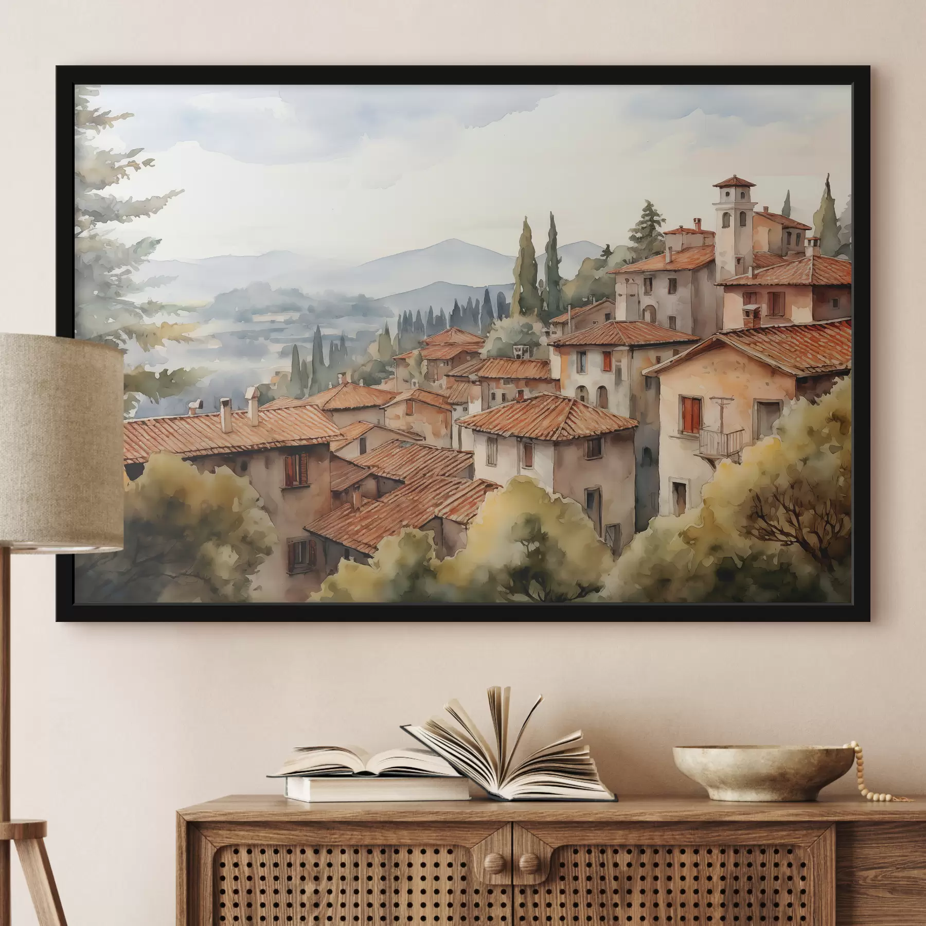 carta da parati Case nei borghi italiani sullo sfondo di montagne, tetti, acquerello nr. f39934