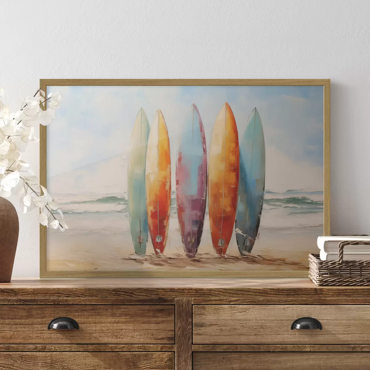 Poster Tavole da surf sulla spiaggia dipinta f39938