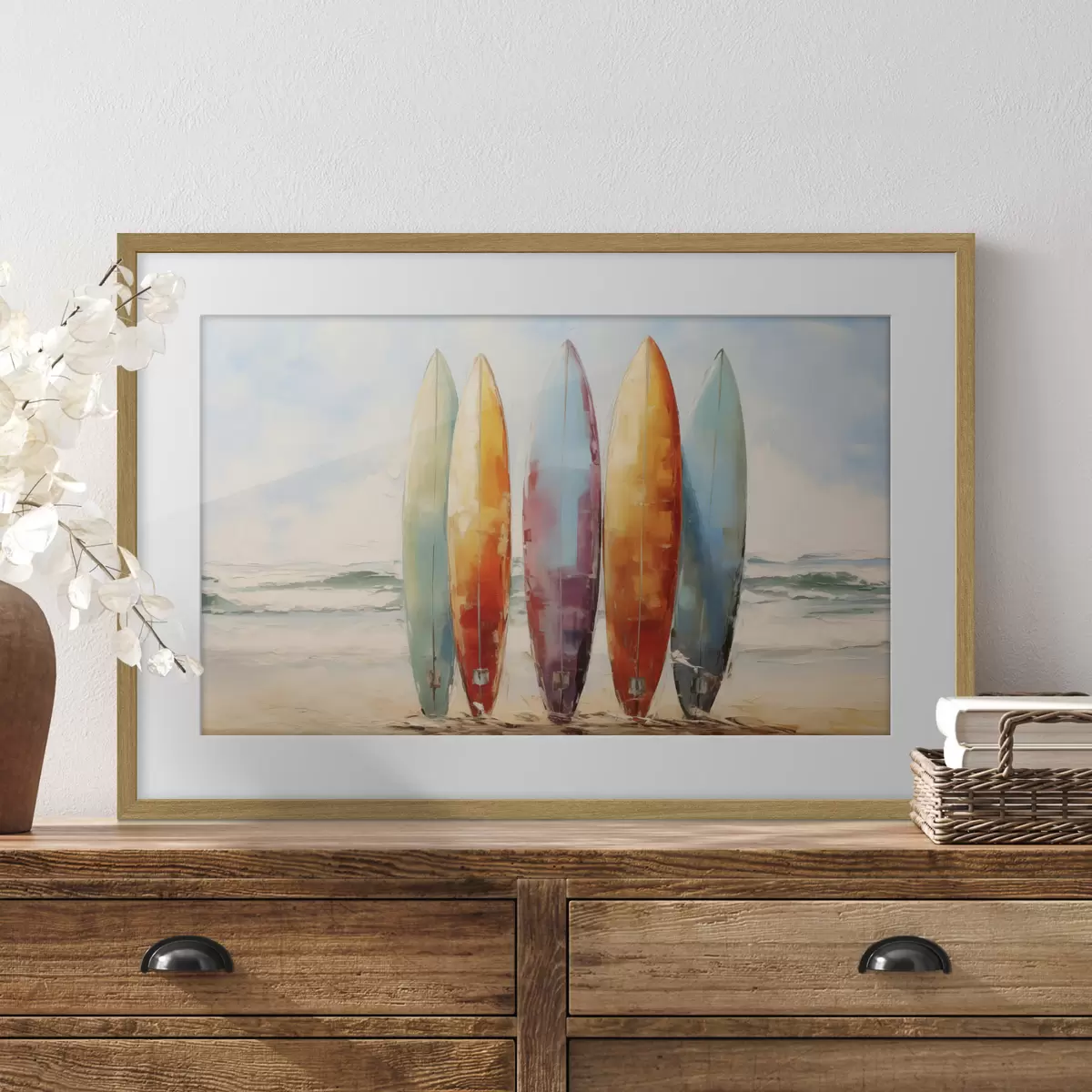 Poster Tavole da surf sulla spiaggia dipinta f39938