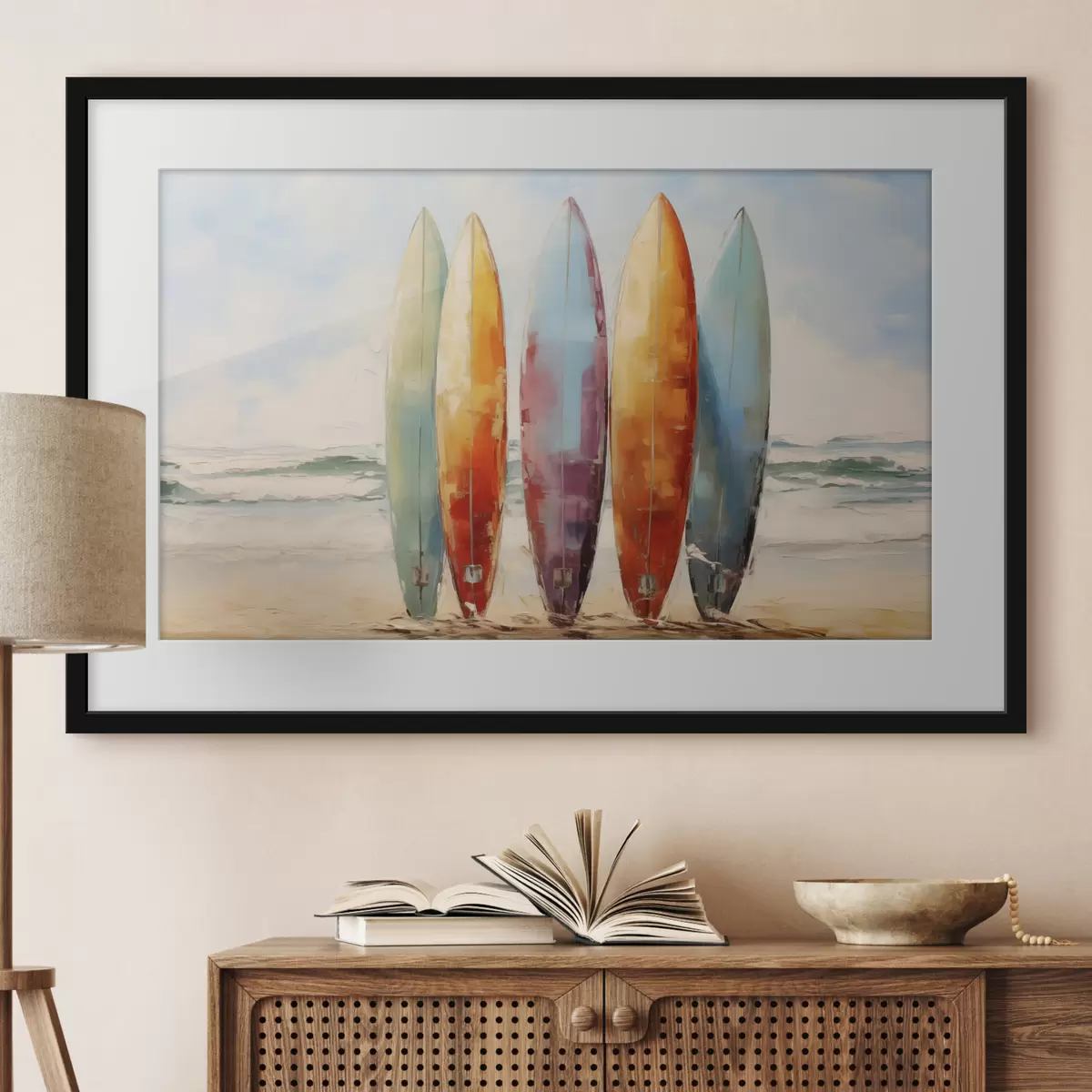 Poster Tavole da surf sulla spiaggia dipinta f39938