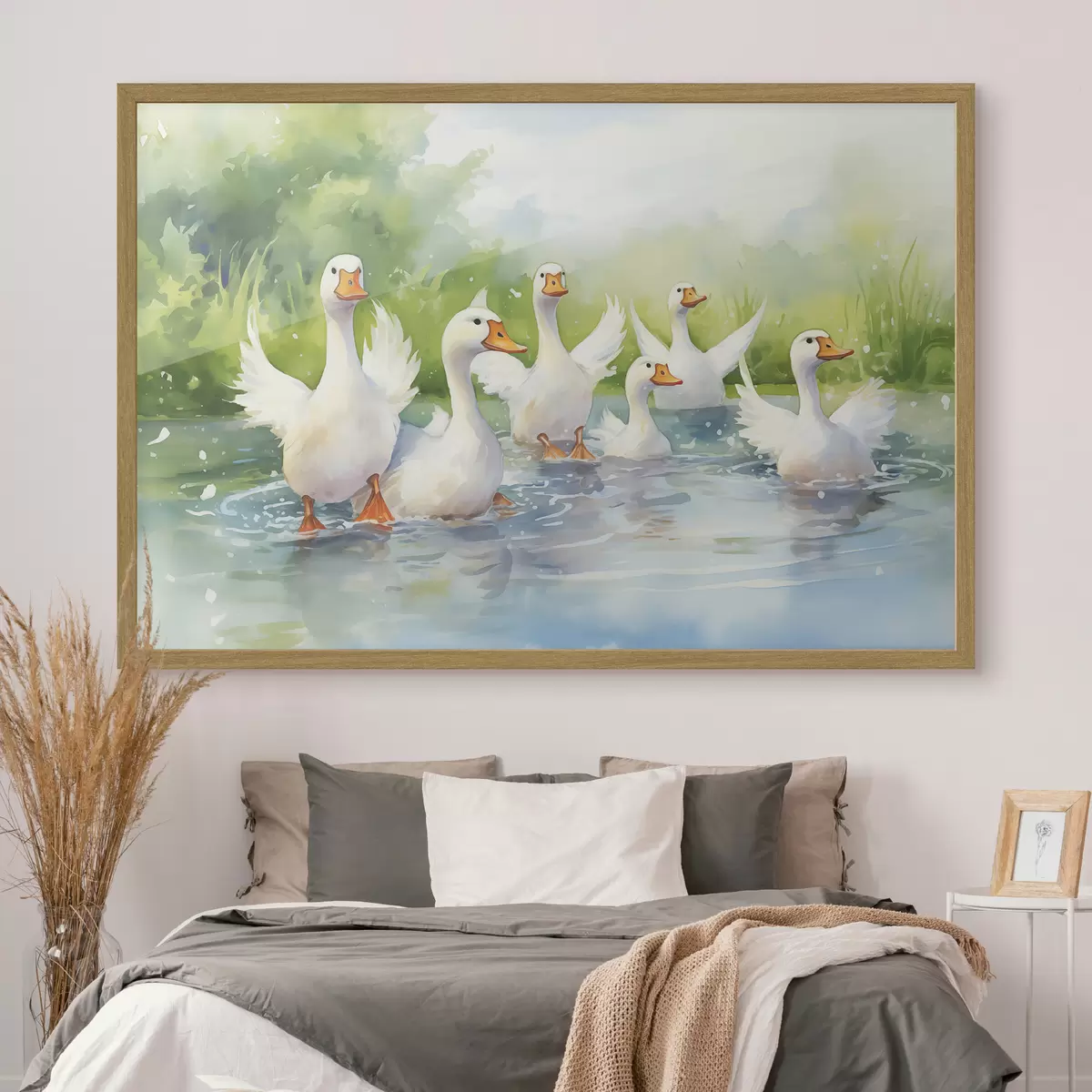 Poster Oche bianche che fanno il bagno in uno stagno dipinto ad acquerello f39939