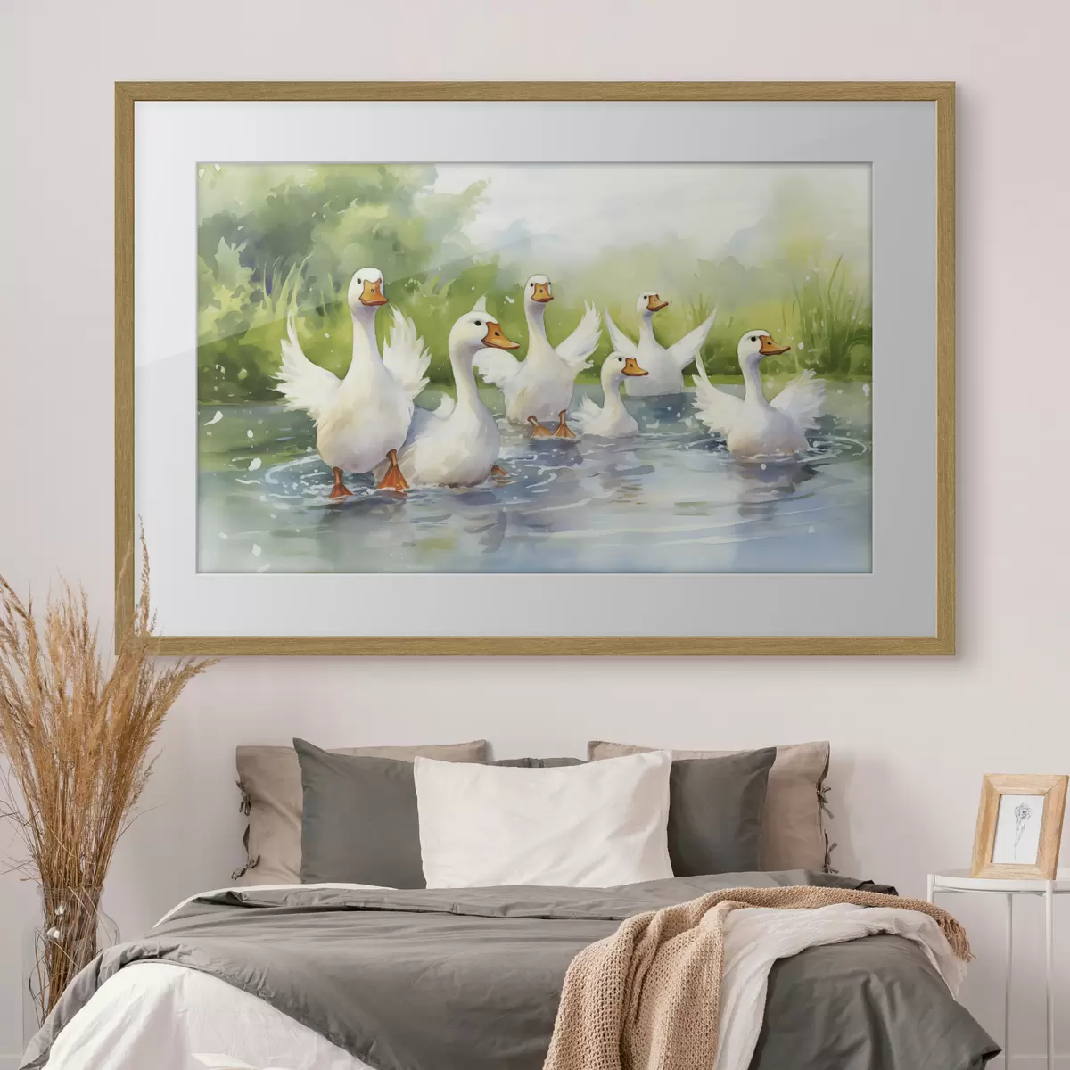 Poster Oche bianche che fanno il bagno in uno stagno dipinto ad acquerello f39939