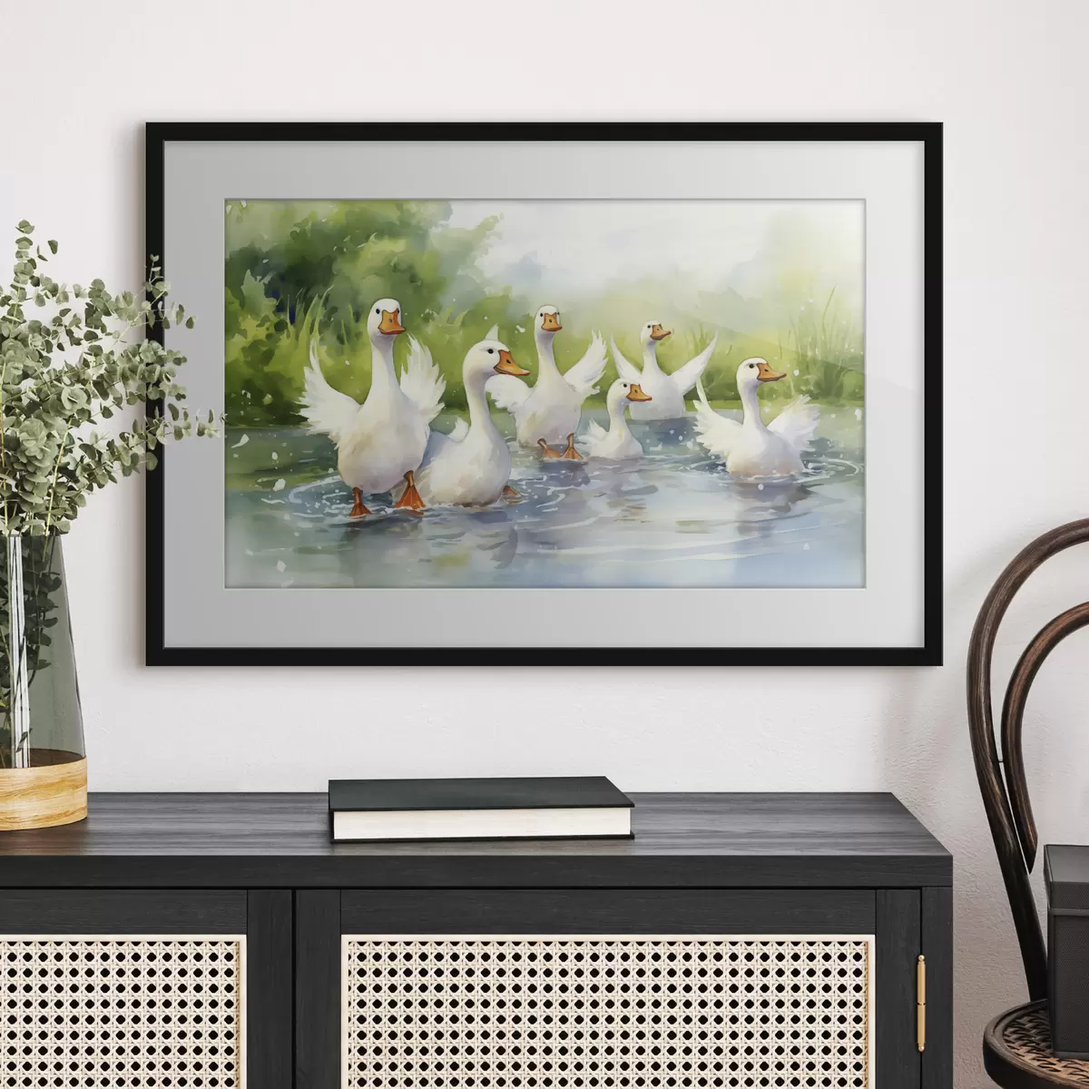 Poster Oche bianche che fanno il bagno in uno stagno dipinto ad acquerello f39939