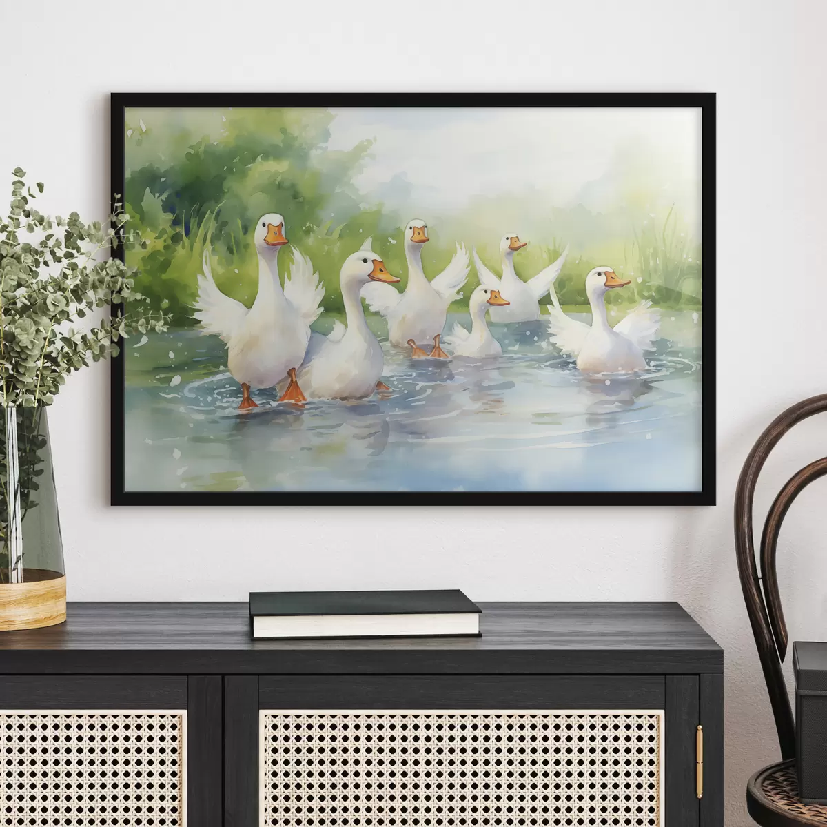 Poster Oche bianche che fanno il bagno in uno stagno dipinto ad acquerello f39939