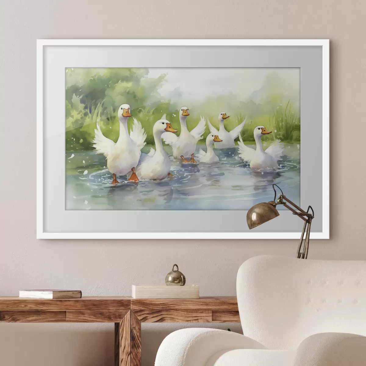 Poster Oche bianche che fanno il bagno in uno stagno dipinto ad acquerello f39939
