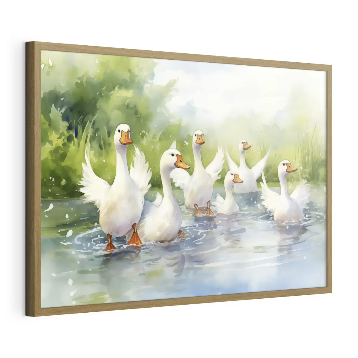 Poster Oche bianche che fanno il bagno in uno stagno dipinto ad acquerello f39939