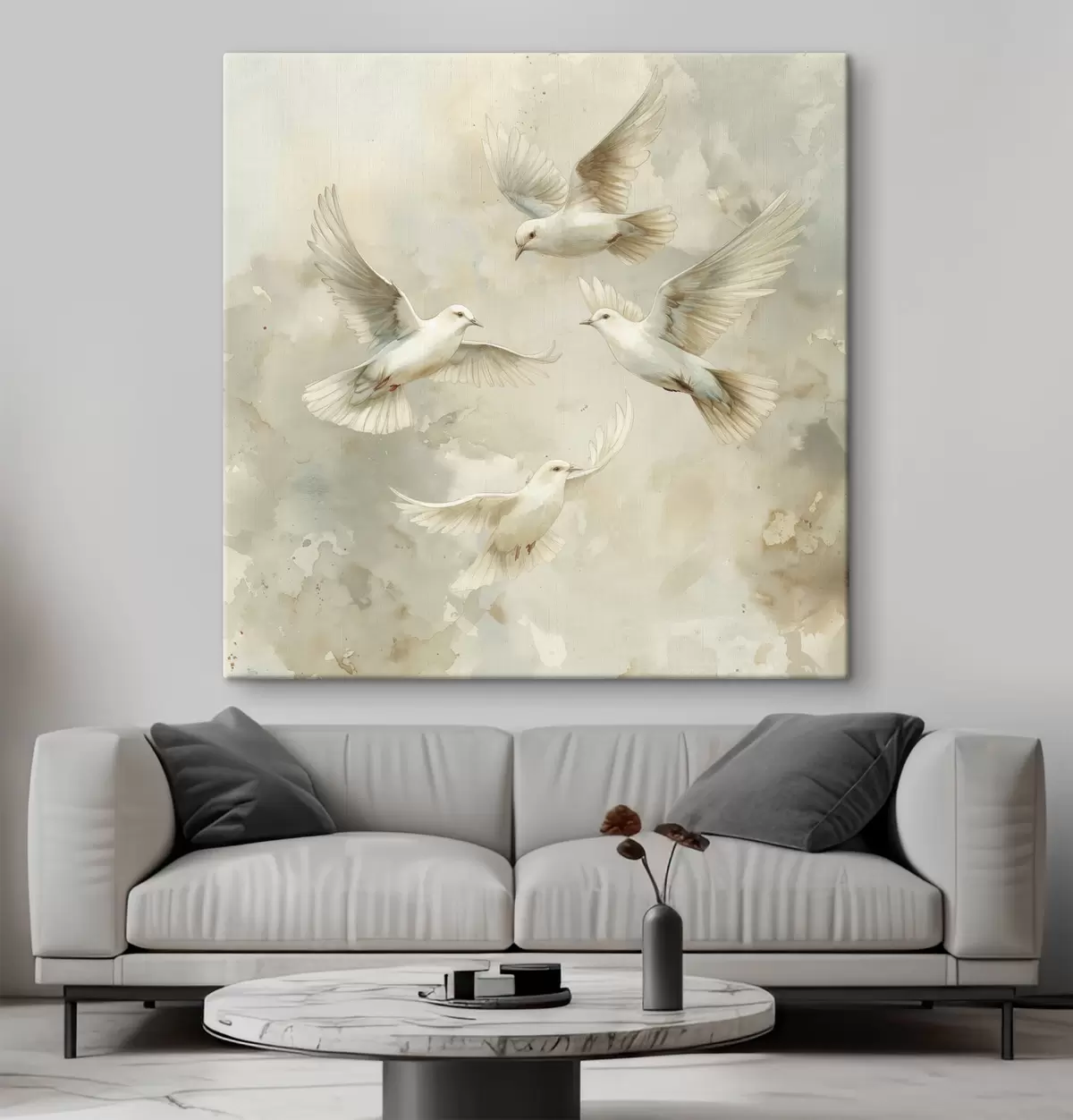 carta da parati Uccelli in volo acquerellati, colori tenui beige e bianco, piccioni  nr. s39976