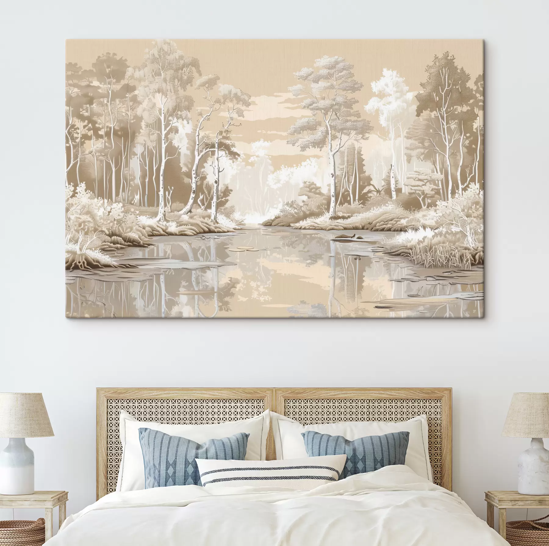 carta da parati Bellissimo paesaggio forestale, colori pastello tenui, beige e bianco nr. s39978