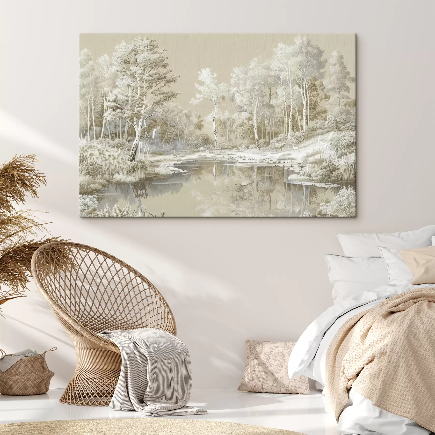 carta da parati Bellissimo paesaggio forestale, stagno e alberi, colori beige e bianco nr. s39979