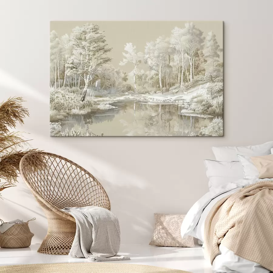 carta da parati Bellissimo paesaggio forestale, stagno e alberi, colori beige e bianco nr. s39979