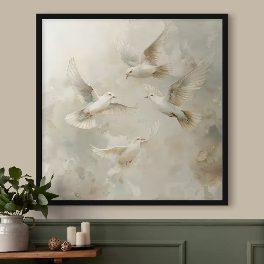 carta da parati Uccelli volanti ad acquerello, colori delicati beige e bianco, piccioni nr. f39976