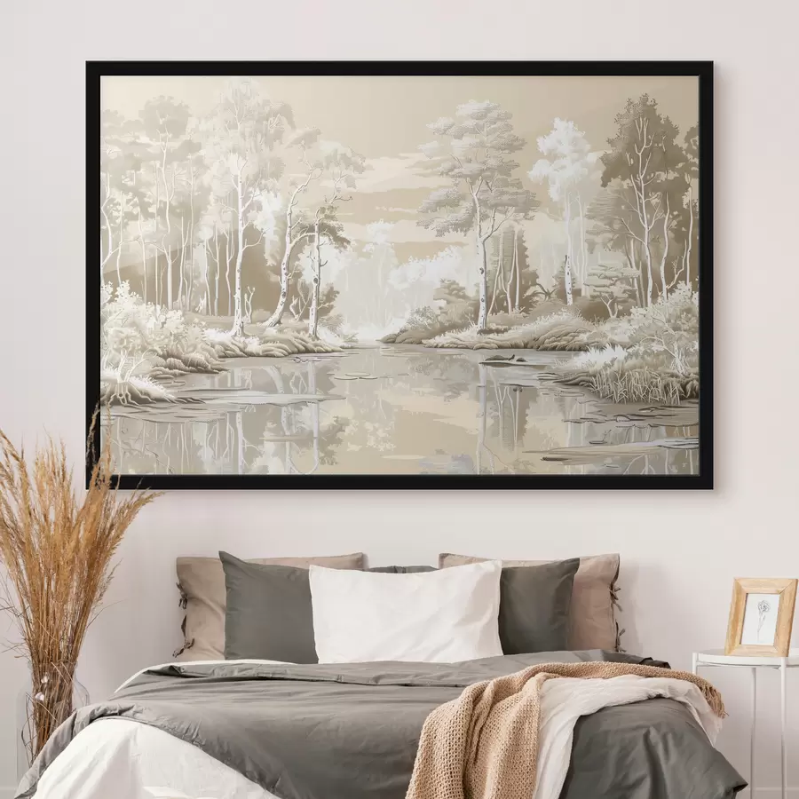 carta da parati Bellissimo paesaggio forestale, colori pastello tenui, beige e bianco nr. f39978