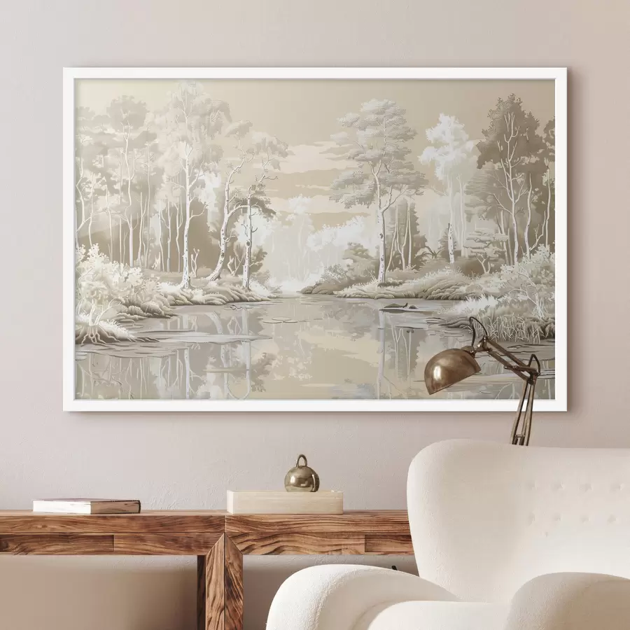 carta da parati Bellissimo paesaggio forestale, colori pastello tenui, beige e bianco nr. f39978