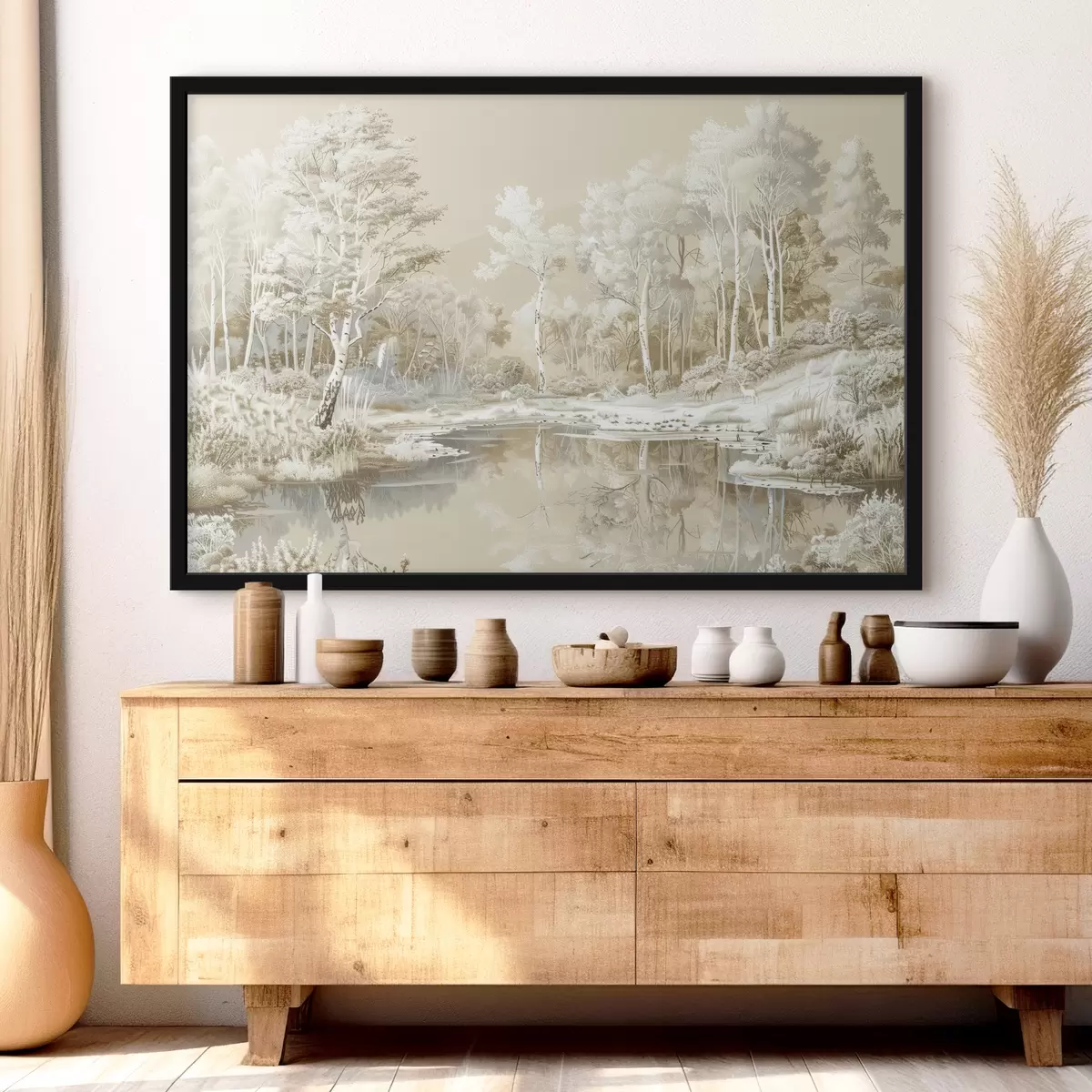 Poster Bellissimo paesaggio forestale, stagno e alberi, colori beige e bianco f39979