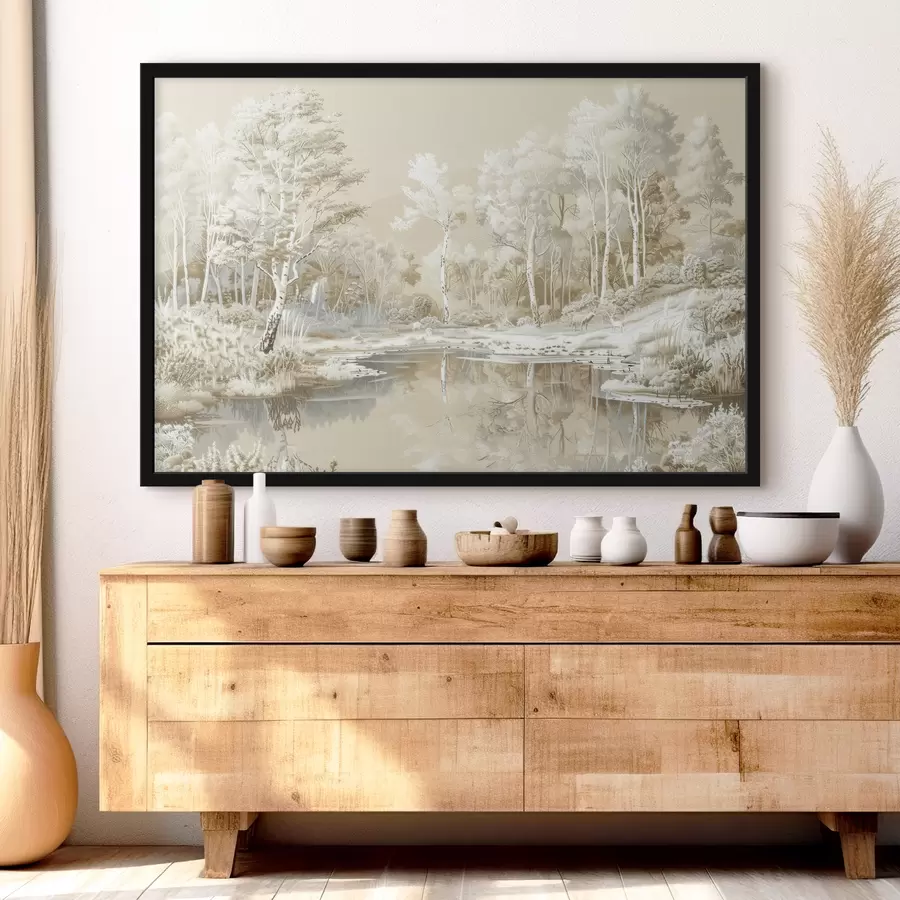 carta da parati Bellissimo paesaggio forestale, stagno e alberi, colori beige e bianco nr. f39979