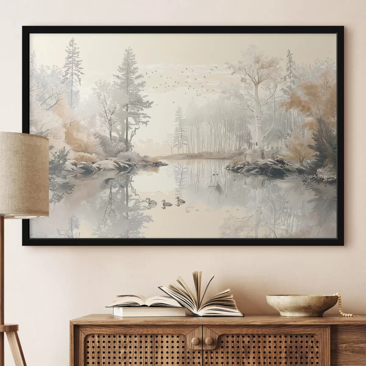 Poster Bellissimo paesaggio naturale, stagno e alberi, fauna selvatica, colori pastello tenui f39980