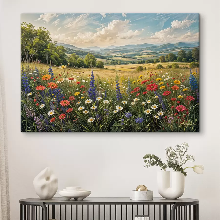 carta da parati Un paesaggio di campagna lussureggiante con un prato fiorito pieno di fiori colorati sotto un cielo nuvoloso nr. s40018