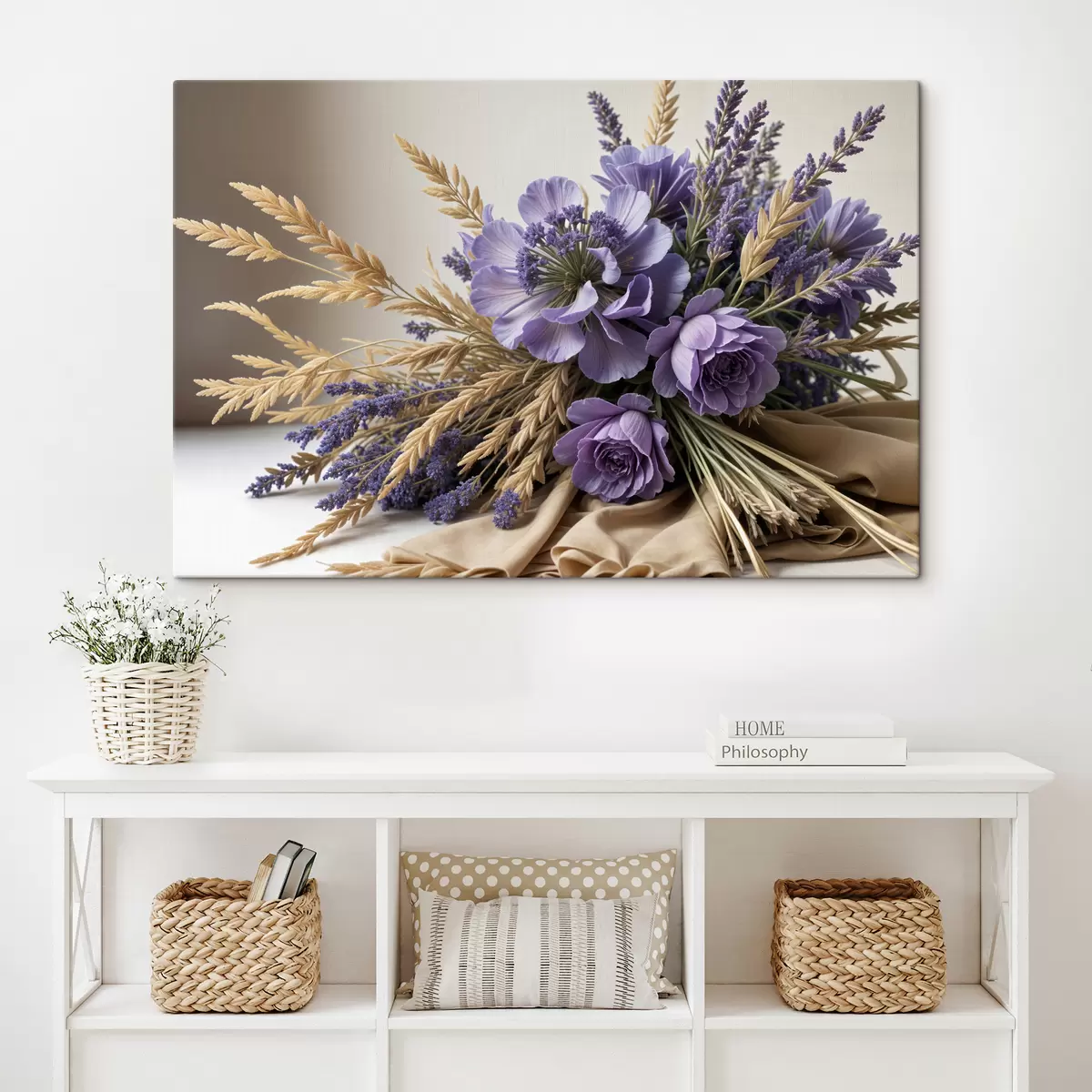 carta da parati Un bouquet di fiori viola, tra cui peonie e lavanda, con steli di grano su uno sfondo chiaro nr. s40030