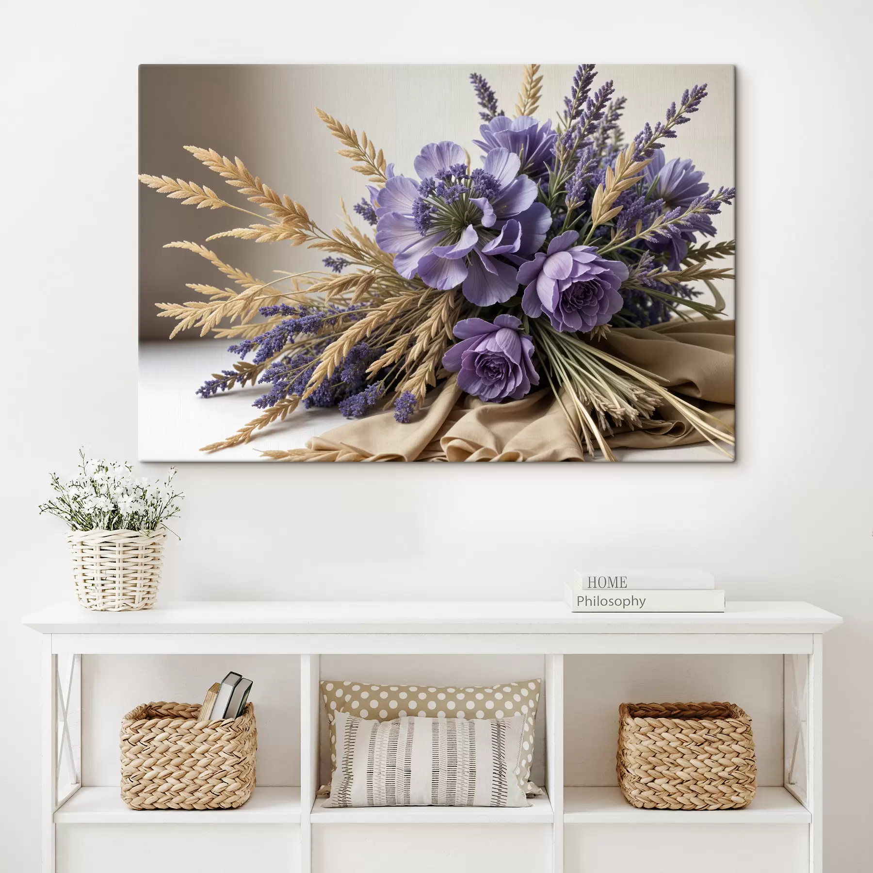 carta da parati Un bouquet di fiori viola, tra cui peonie e lavanda, con steli di grano su uno sfondo chiaro nr. s40030