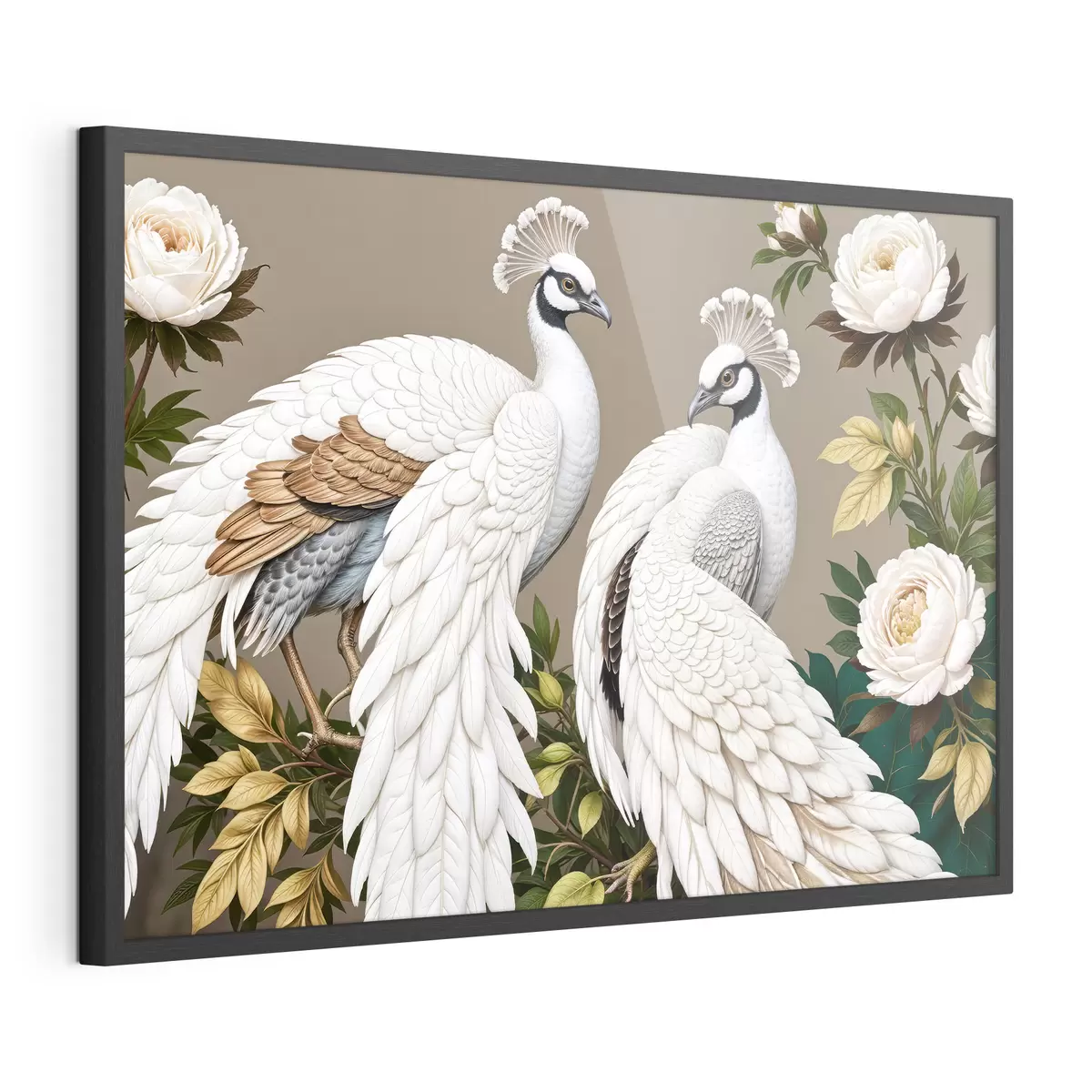 Poster Due pavoni bianchi con piume ornate appollaiati su un ramo con fiori f40022