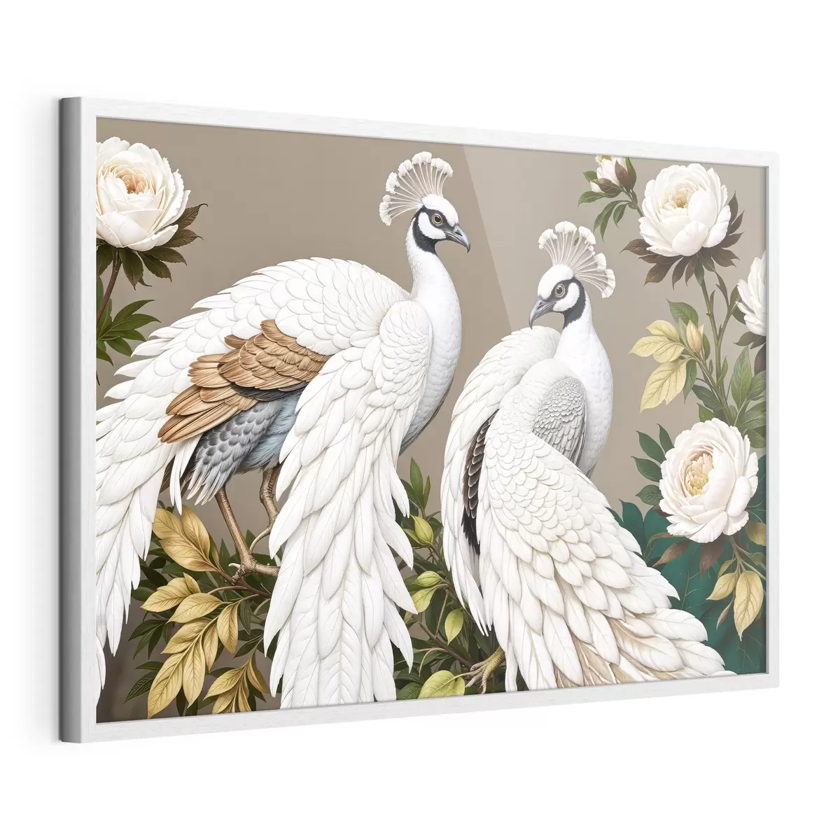 Poster Due pavoni bianchi con piume ornate appollaiati su un ramo con fiori f40022