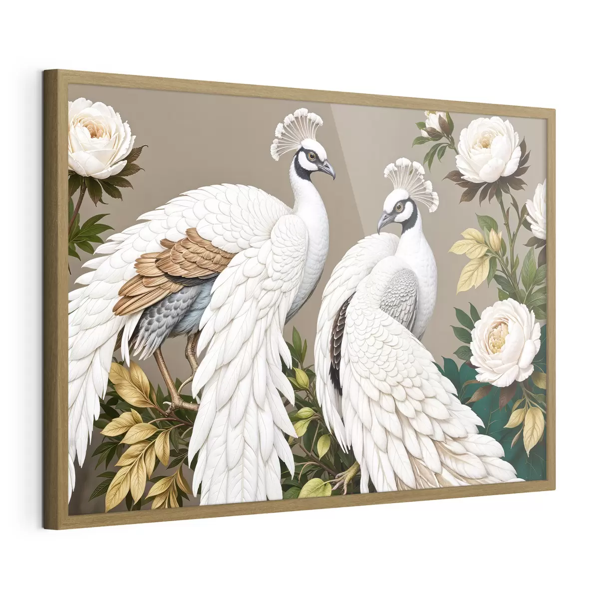 Poster Due pavoni bianchi con piume ornate appollaiati su un ramo con fiori f40022