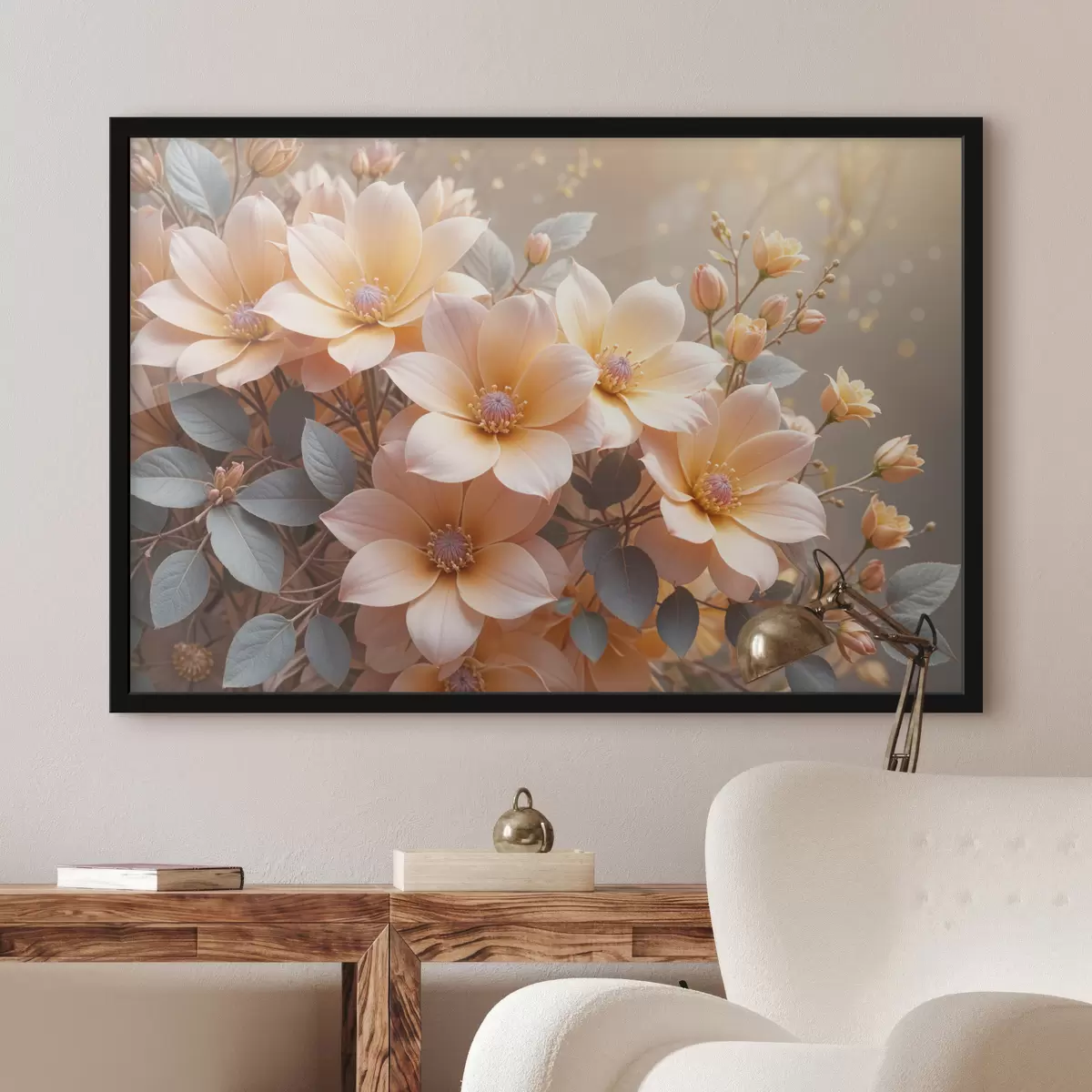 Poster Delicati fiori di dalia color pesca in piena fioritura, con morbidi petali su uno sfondo sfocato f40024