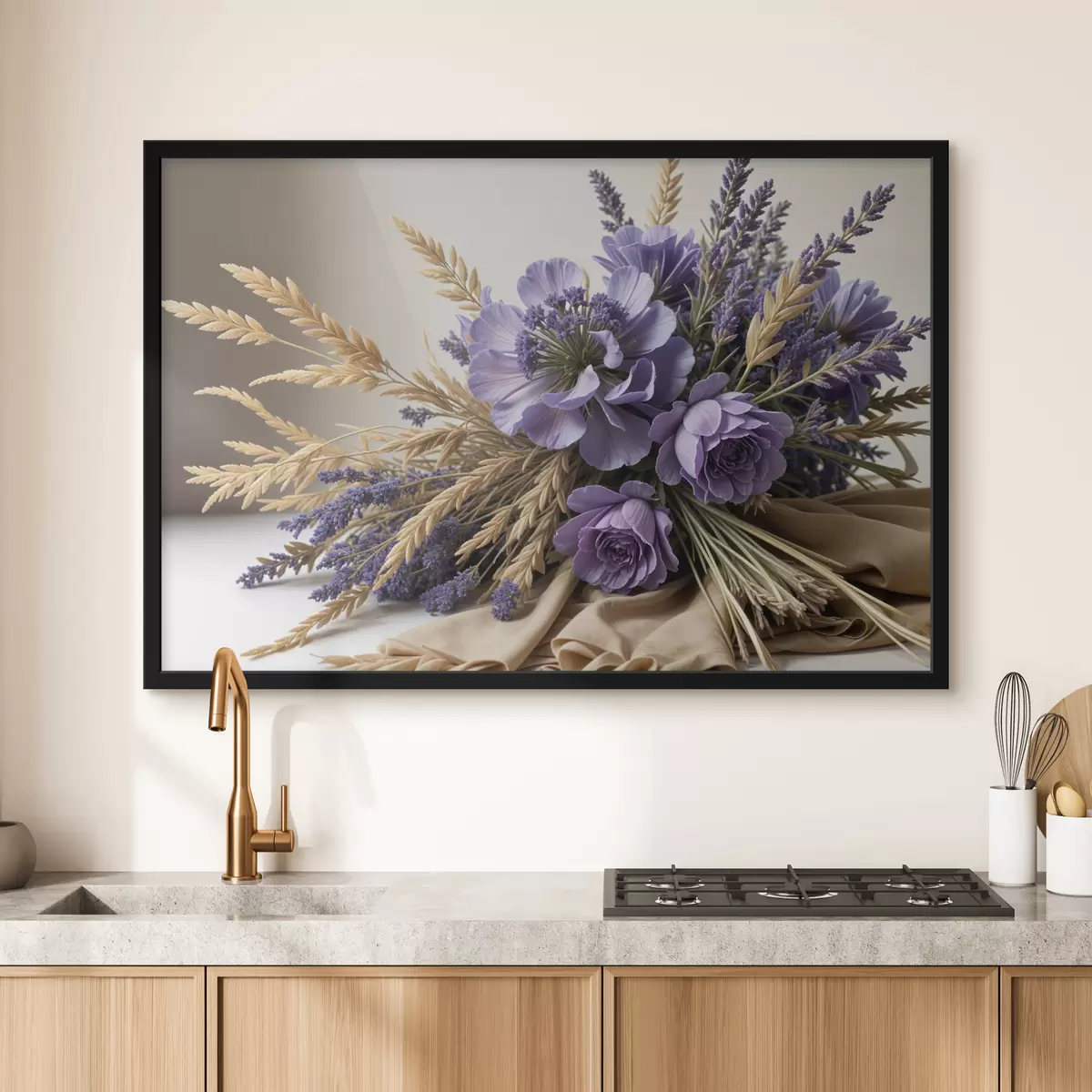 Poster Un bouquet di fiori viola, tra cui peonie e lavanda, con steli di grano su uno sfondo chiaro f40030