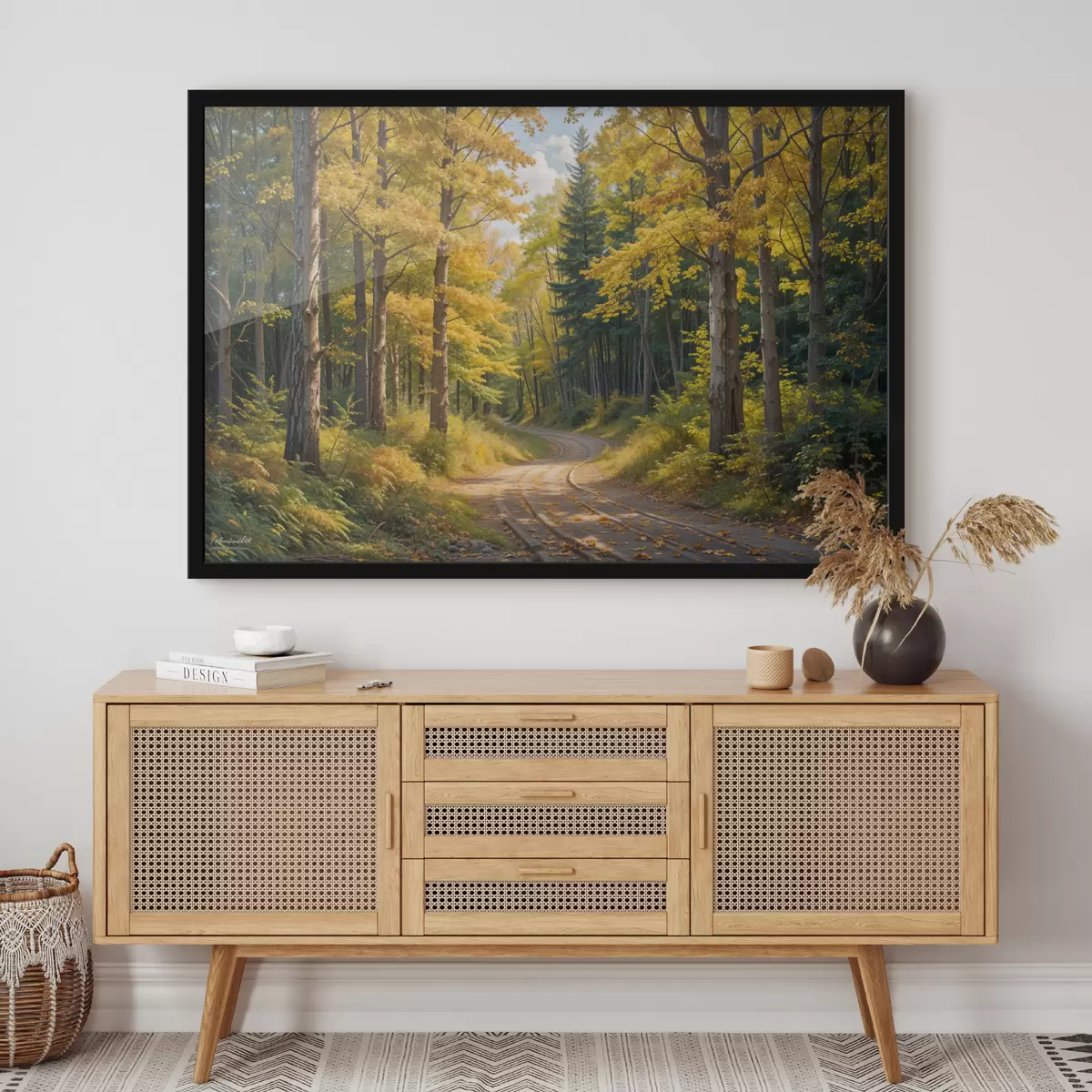 Poster Una strada sterrata che serpeggia attraverso una foresta in autunno, con alberi alti su entrambi i lati f40031