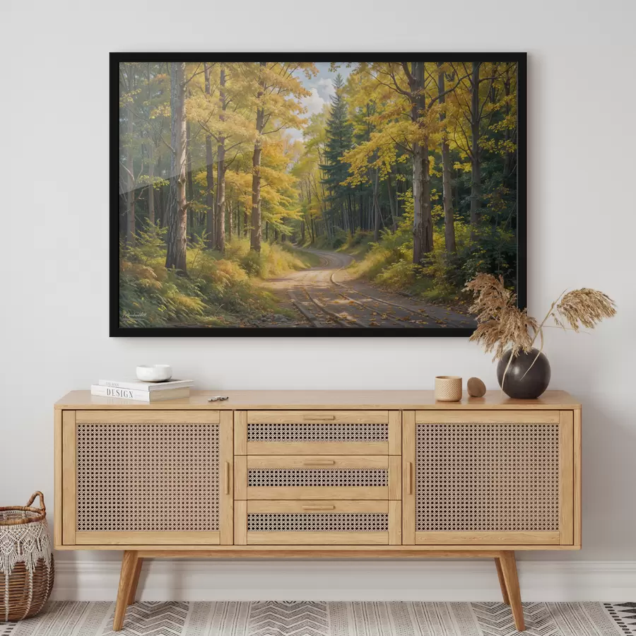 carta da parati Una strada sterrata che serpeggia attraverso una foresta in autunno, con alberi alti su entrambi i lati nr. f40031