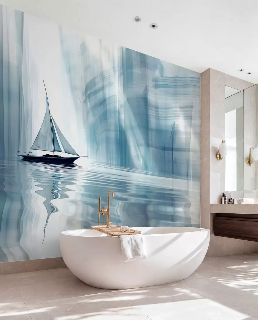 Carta da parati Mare Barca sull'acqua in stile futurista con colori blu