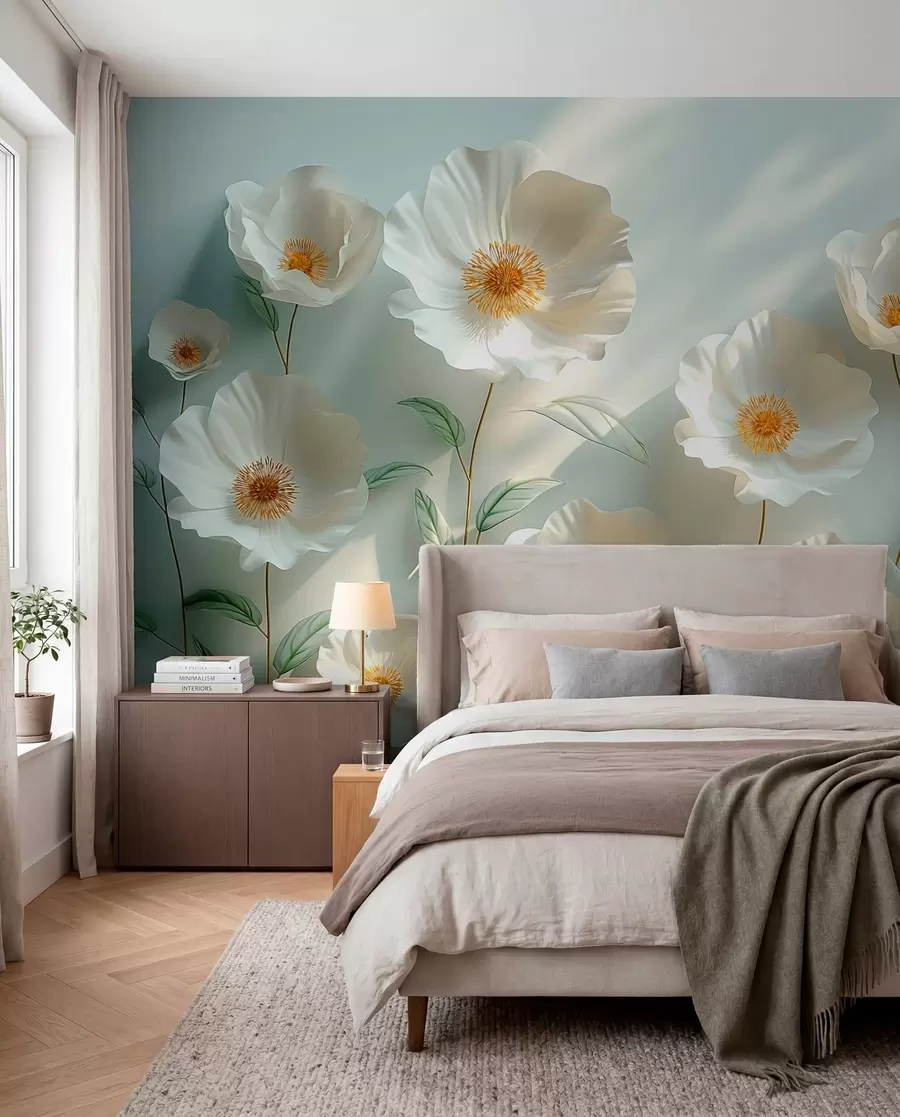 Carta da parati 3D Fiori Papaveri bianchi contro un muro con luce solare ed effetto 3D n. w01339