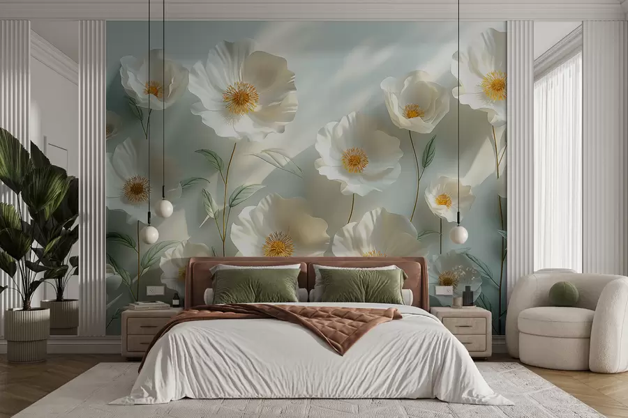 Carta da parati 3D Fiori Papaveri bianchi contro un muro con luce solare ed effetto 3D n. w01339