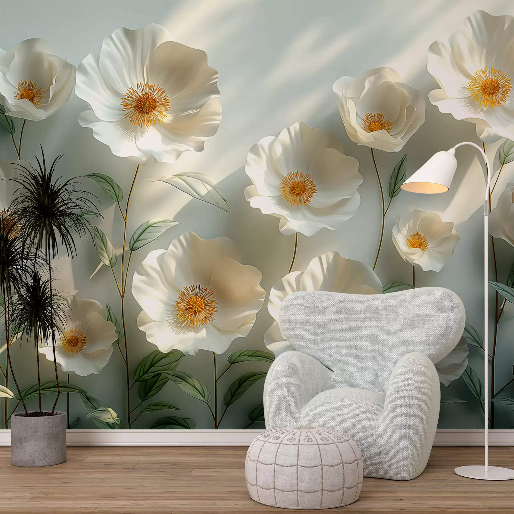 Carta da parati 3D Fiori Papaveri bianchi contro un muro con luce solare ed effetto 3D n. w01339