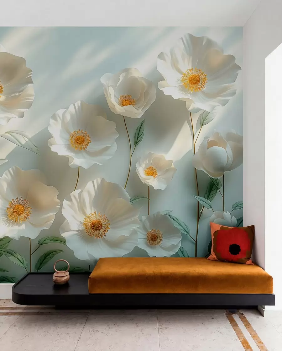 Carta da parati 3D Fiori Papaveri bianchi contro un muro con luce solare ed effetto 3D n. w01339