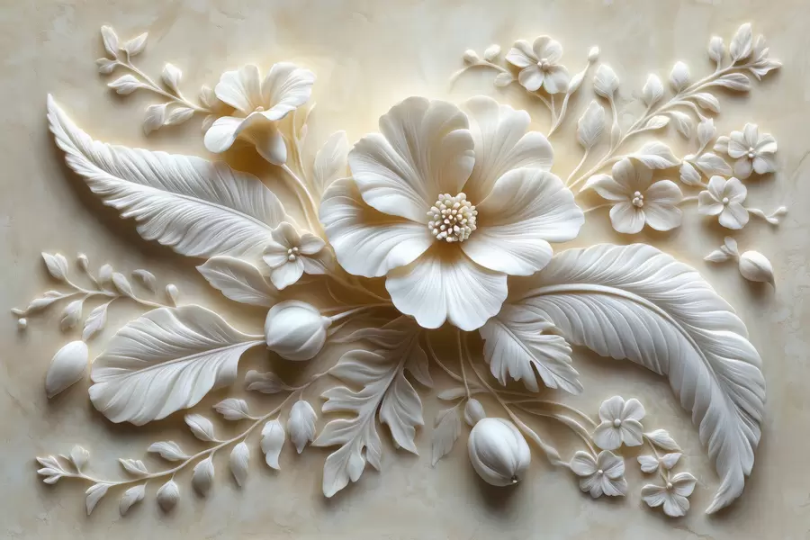 Carta da parati 3D Fiori Arte murale in rilievo 3D raffigurante piume e fiori, con un grande papavero nei colori beige n. w01340
