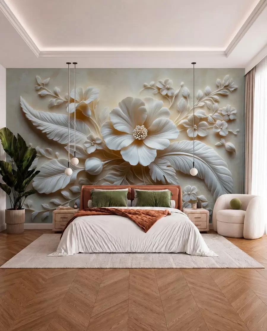 Carta da parati 3D Fiori Arte murale in rilievo 3D raffigurante piume e fiori, con un grande papavero nei colori beige n. w01340
