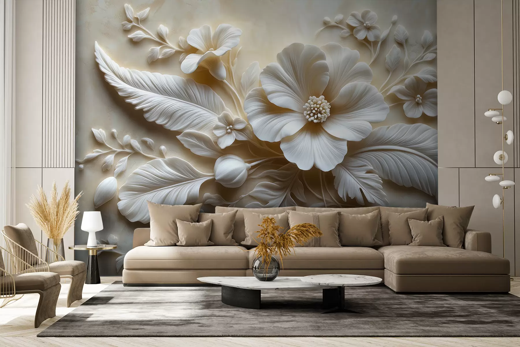 Carta da parati 3D Fiori Arte murale in rilievo 3D raffigurante piume e fiori, con un grande papavero nei colori beige n. w01340